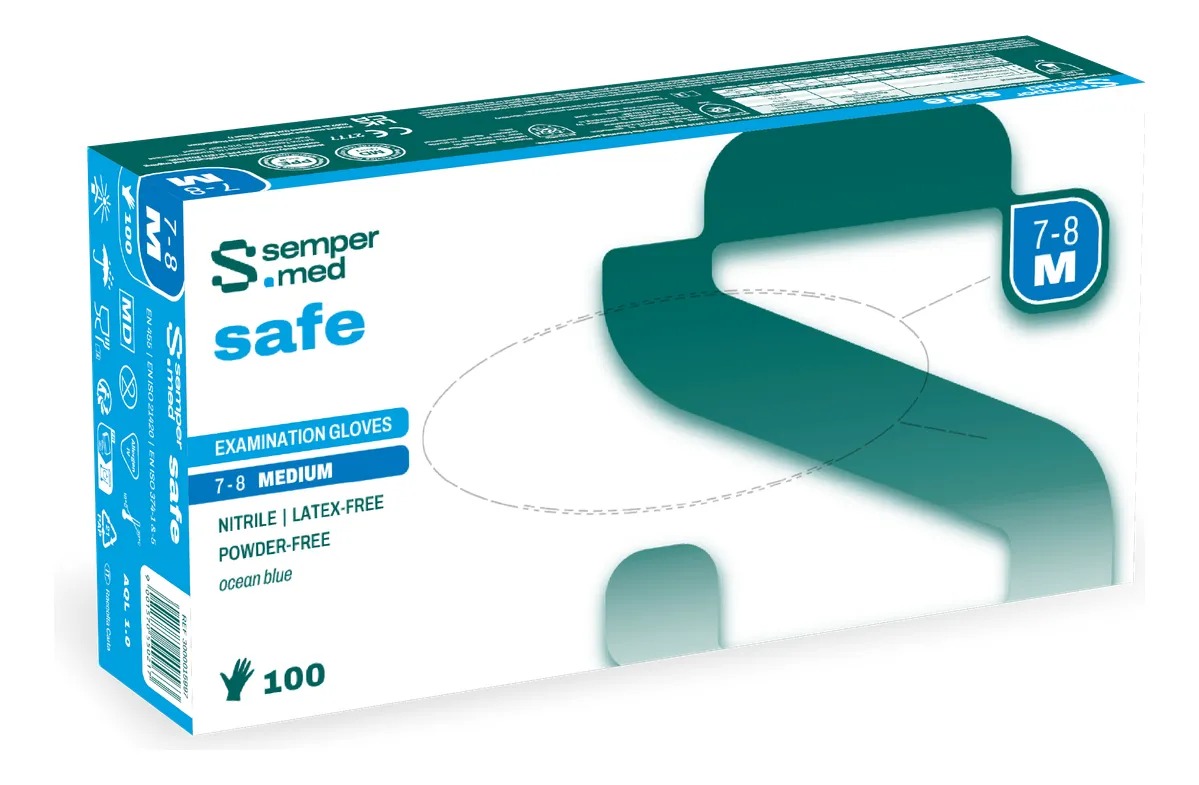 Caja de guantes de examen de nitrilo celeste Sempermed safe
